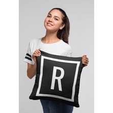 RugViva 43X43 Cm Siyah Döşemelik Tay Tüyü Premium Kumaş Dekoratif Çift Taraflı R Harfli Yastık Kılıfı KRL612