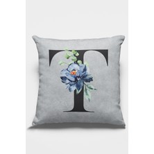 RugViva 43X43 Cm Gri T Harfli Yastık Kılıfı Tay Tüyü Döşemelik Premium Kumaş Dekoratif Çift Taraflı KRL584