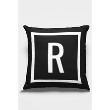 RugViva 43X43 Cm Siyah Döşemelik Tay Tüyü Premium Kumaş Dekoratif Çift Taraflı R Harfli Yastık Kılıfı KRL612