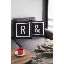 RugViva 43X43 Cm Siyah Döşemelik Tay Tüyü Premium Kumaş Dekoratif Çift Taraflı R Harfli Yastık Kılıfı KRL612