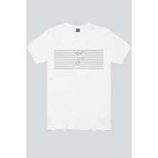 Rock&Roll Çizgili Köpek Beyaz Kısa Kollu Kadın T-Shirt