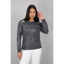 Banada Moda Baskılı Taşlanmış Deri Görünümlü Sweatshirt
