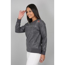 Banada Moda Baskılı Taşlanmış Deri Görünümlü Sweatshirt
