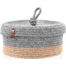 The Mia Jüt Kapaklı Yuvarlak Sepet Bambu Gri 25X15 cm