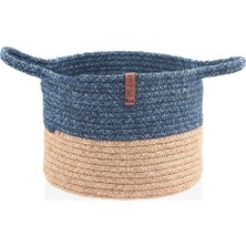 The Mia Jüt Kulplu Yuvarlak Sepet Bambu Lacivert 25X20 cm