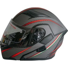 Jekai Jk-21 902 Model Güneş Vizörlü Çenededen Açılır Kask - Gri/kırmızı Karbon Desenli - Xl