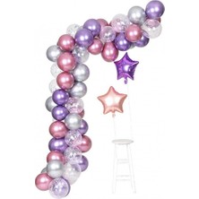 Hayaller Dükkanı Pembe Mor Gümüş Konfetili Balon Zincir Seti  71 Parça