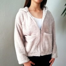 Dream Butik Yumuşacık Peluş Kapşonlu Fermuarlı Sweatshirt Hırka