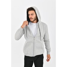 Trender 21106  3 Ip Kapşonlu Düz Fermuarlı Şardonlu Erkek Sweat Gri Melanj