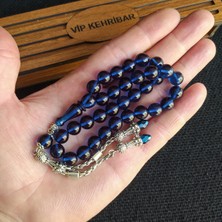 Vip Kehribar 9*9 mm Küre Mavi Lacivert Ateşi Kehribar Tesbih Yılangözü Püsküllü Faris Zar Ateşi Tespih