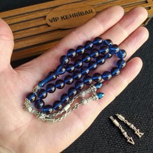 Vip Kehribar 9*9 mm Küre Mavi Lacivert Ateşi Kehribar Tesbih Yılangözü Püsküllü Faris Zar Ateşi Tespih