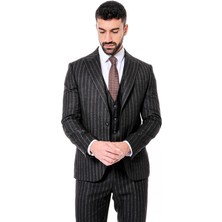 Çizgili Yelekli Siyah Slim Fit Erkek Takım Elbise