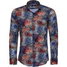 Wessi Lacivert Çiçek Desenli Slim Fit Uzun Kollu Gömlek