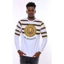 Beyaz Baskılı Taşlı Bisiklet Yaka Sweatshirt