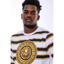 Beyaz Baskılı Taşlı Bisiklet Yaka Sweatshirt