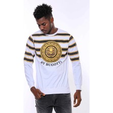 Beyaz Baskılı Taşlı Bisiklet Yaka Sweatshirt