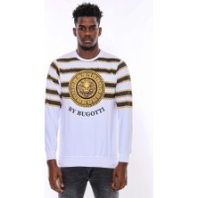 Beyaz Baskılı Taşlı Bisiklet Yaka Sweatshirt