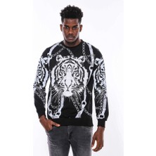 Siyah Taşlı Baskılı  Bisiklet Yaka Sweatshirt