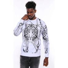 Wessi Beyaz Baskılı ve Taşlı Bisiklet Yaka Sweatshirt