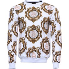 Beyaz Baskılı Taşlı Bisiklet Yaka Sweatshirt