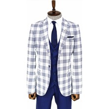 Ekose Ceketli Lacivert Slim Fit Takım Elbise