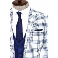 Ekose Ceketli Lacivert Slim Fit Takım Elbise