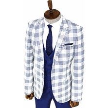 Ekose Ceketli Lacivert Slim Fit Takım Elbise
