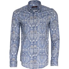 Mavi Damask Desenli Slim Fit Gömlek