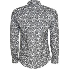 Wessi Çiçek Desenli Koyu Gri Slim Fit Gömlek