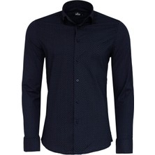 Koyu Lacivert Mini Kare Desenli Slim Fit Gömlek