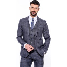 Wessi Kendinden Desenli Yelekli Slim Fit Lacivert Takım Elbise