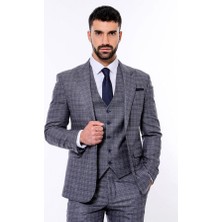 Wessi Ekose Desenli Yelekli Slim Fit Lacivert Takım Elbise