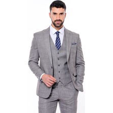 Wessi Kendinden Desenli Yelekli Slim Fit Gri Takım Elbise