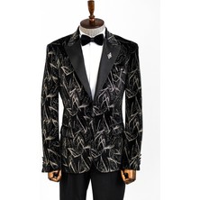 Wessi Siyah Üzerine Sim Baskılı Damatlık Ceket