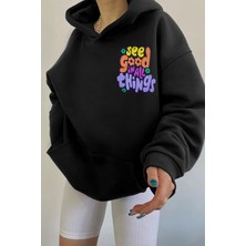Millionaire Kadın Siyah See Good Baskılı 3 Iplik Şardonlu Kapüşonlu Oversize Salaş Bol Kesim Hoodie Sweatshirt