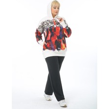 ViolettaXL Kadın Beyaz Büyük Beden Beyaz Kırmızı Fırça  Kanguru Cep Kapşonlu Esnek Scuba Sweatshirt
