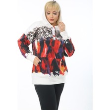 ViolettaXL Kadın Beyaz Büyük Beden Beyaz Kırmızı Fırça  Kanguru Cep Kapşonlu Esnek Scuba Sweatshirt