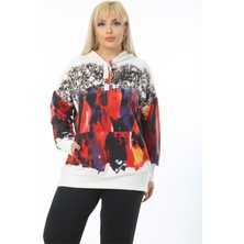 ViolettaXL Kadın Beyaz Büyük Beden Beyaz Kırmızı Fırça  Kanguru Cep Kapşonlu Esnek Scuba Sweatshirt