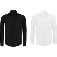 Erkek Siyah ve Beyaz Ithal Saten 2'li Slim Fit Gömlek