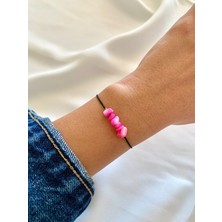 Atelier Çağla Pembe Sedef Doğal Kırıktaş Siyah Ip Bileklik