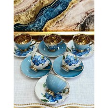 Sembol Aero Mavi Gold Çiçekli 6 Kişilik Porselen Kahve Fincan Takımı HARLEM-740