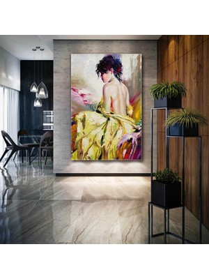 SML Tablo Minderlerin Içinde Oturan Sarı Elbiseli Model Kadın Yağlı Boya Efektli Kanvas Tablo