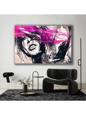 SML Tablo Pembe Boya Sıçraması Siyah Beyaz Kadın Portresi Kanvas Tablo