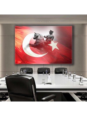 SML Tablo Atın Üzerinde Atatürk Heykeli Makam Arkası Bayraklı Kanvas Tablo