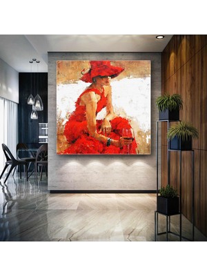 SML Tablo Kırmızı Elbiseli Kırmızı Büyük Şapkalı Şarap Içen Kadın Kanvas Tablo