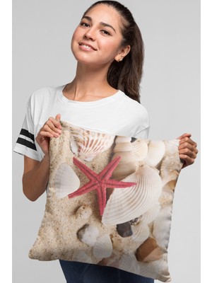 RugViva 3D Deniz Kabukları Tay Tüyü Dokuma Premium Kumaş Çift Taraflı Kırlent Yastık Kılıfı 43X43 Cm KRL450