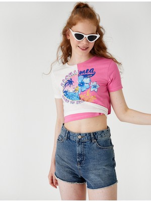 Koton Crop Tişört Baskılı Bisiklet Yaka