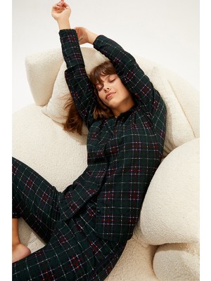 Ecrou Yeşil Bordo Ekose Süet Düğmeli Bebe Yaka Uzun Kol Uzun Alt Pijama Takım