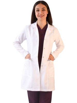 Vayvaylı Gömlek Yaka Orta Boy Beyaz Kadın Doktor Öğretmen Laboratuvar Önlüğü