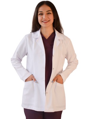 Vayvaylı Gömlek Yaka Ceket Boy Beyaz Kadın Doktor Öğretmen Laboratuvar Önlüğü